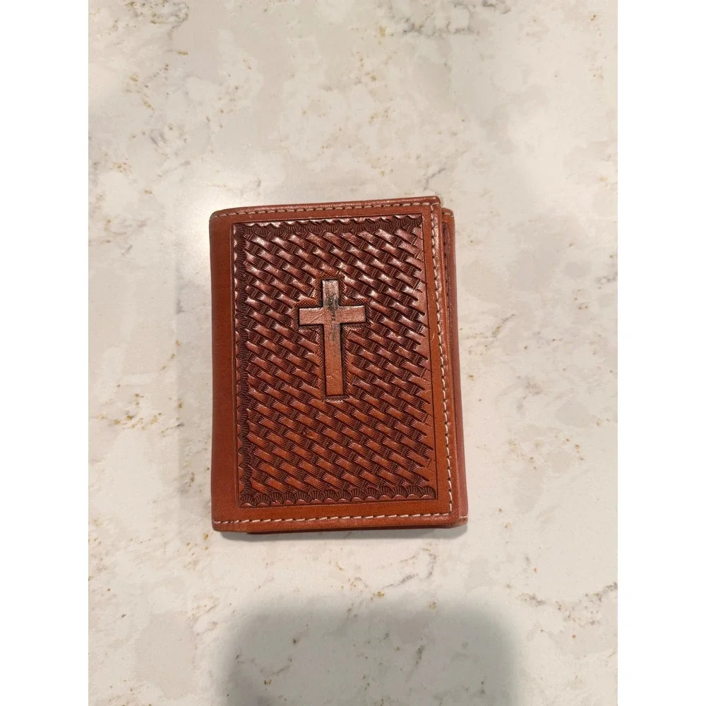 Cowboy Chrome Handtooled Leather Trifold Wallet Brown Basketweave Cross Mens